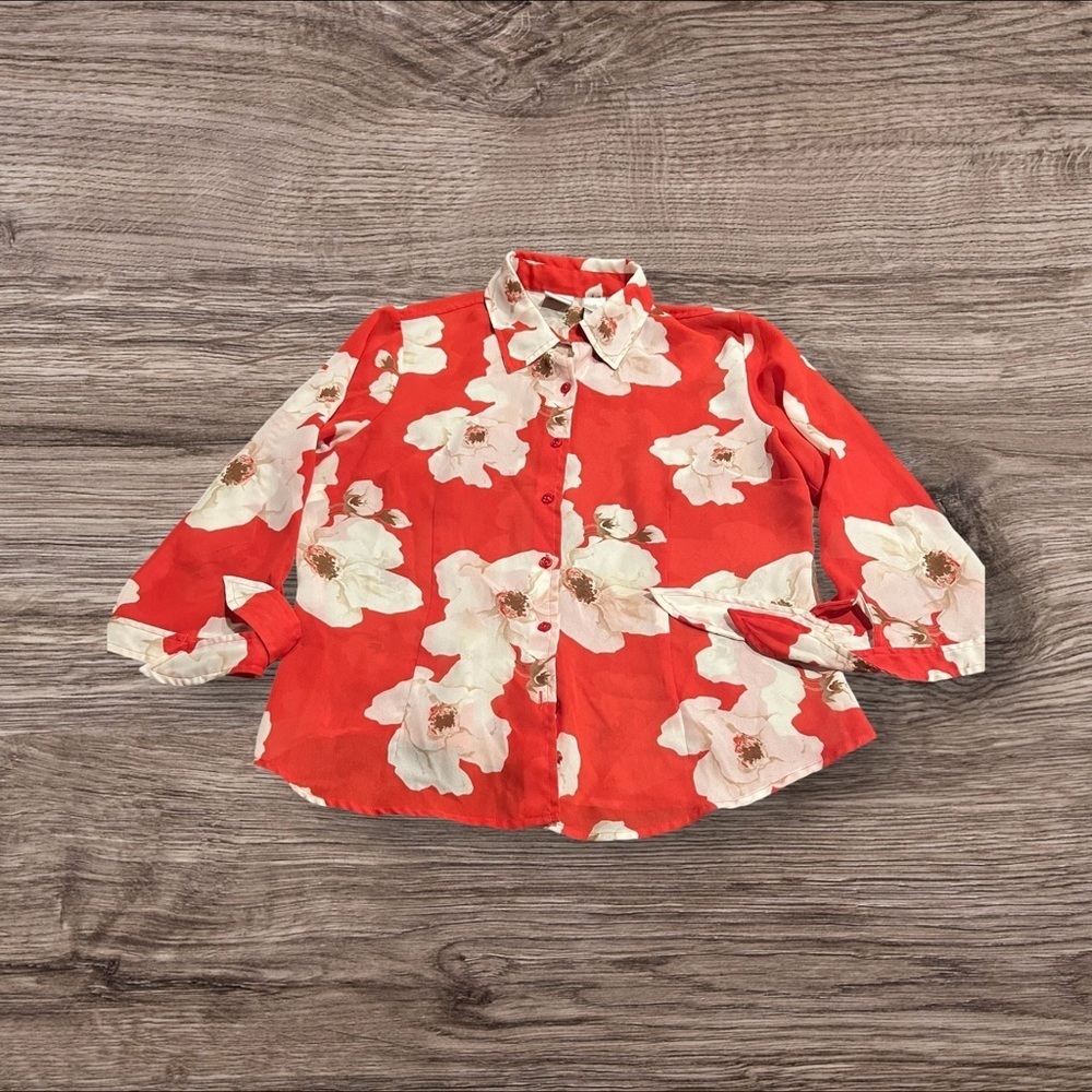 Emma James Red Floral Collared 3/4 Sleeve Sheer Button Up Blouse Top Size 12